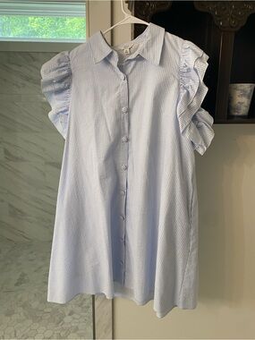 Light Blue Striped Ruffle Sleeve Shirt Dress